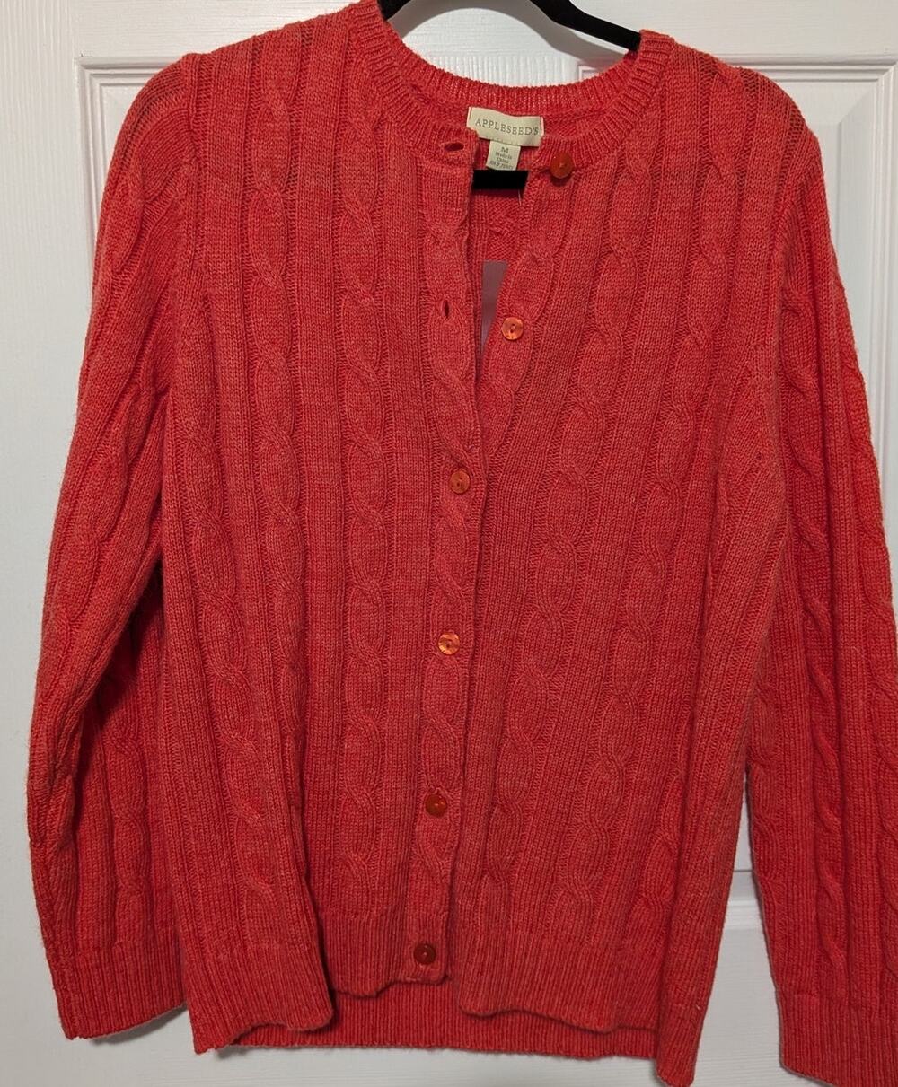 NWT Appleseed's Coral Pink 100% Wool Cable Knit Cardigan Sweater Size M New